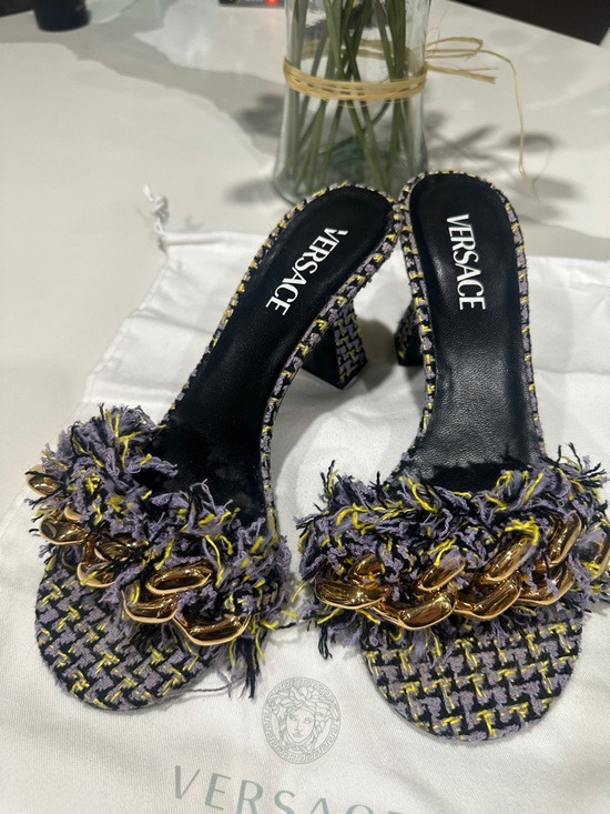 Versace Shoes - Versace Purple Tweed Slide Sandals with Gold Chain Trim, size 39